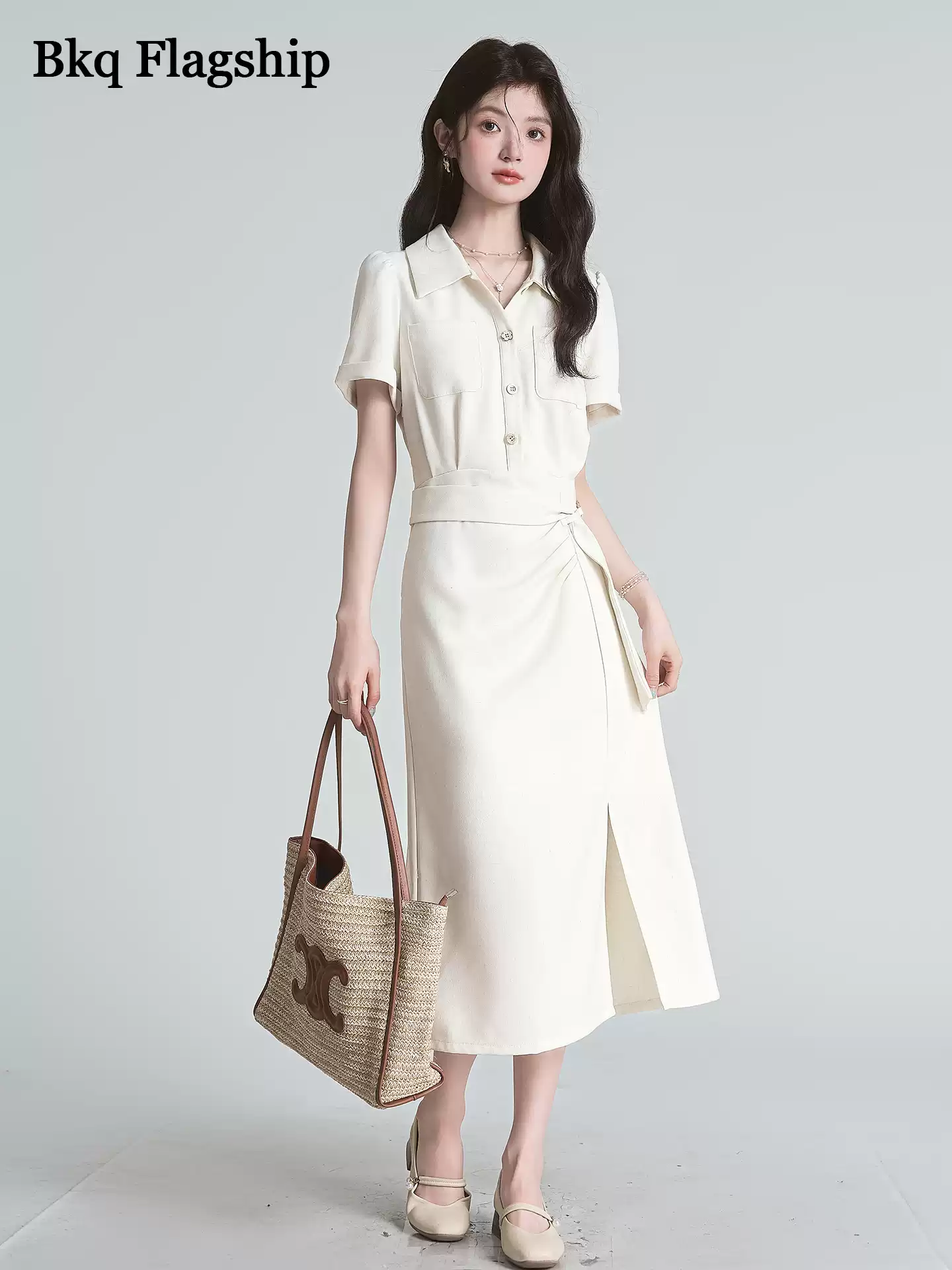 New polo collar dress for summer women's college style aging irregular hem long skirt